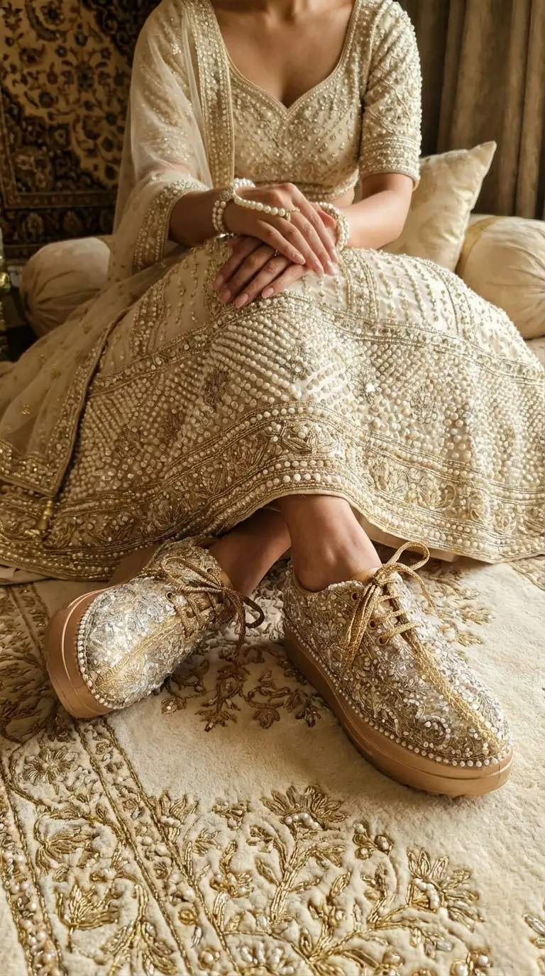 Firefly_Gemini Flash_i need a photo of this sneakers with a model wearing lehenga with pearls and wearing 674536