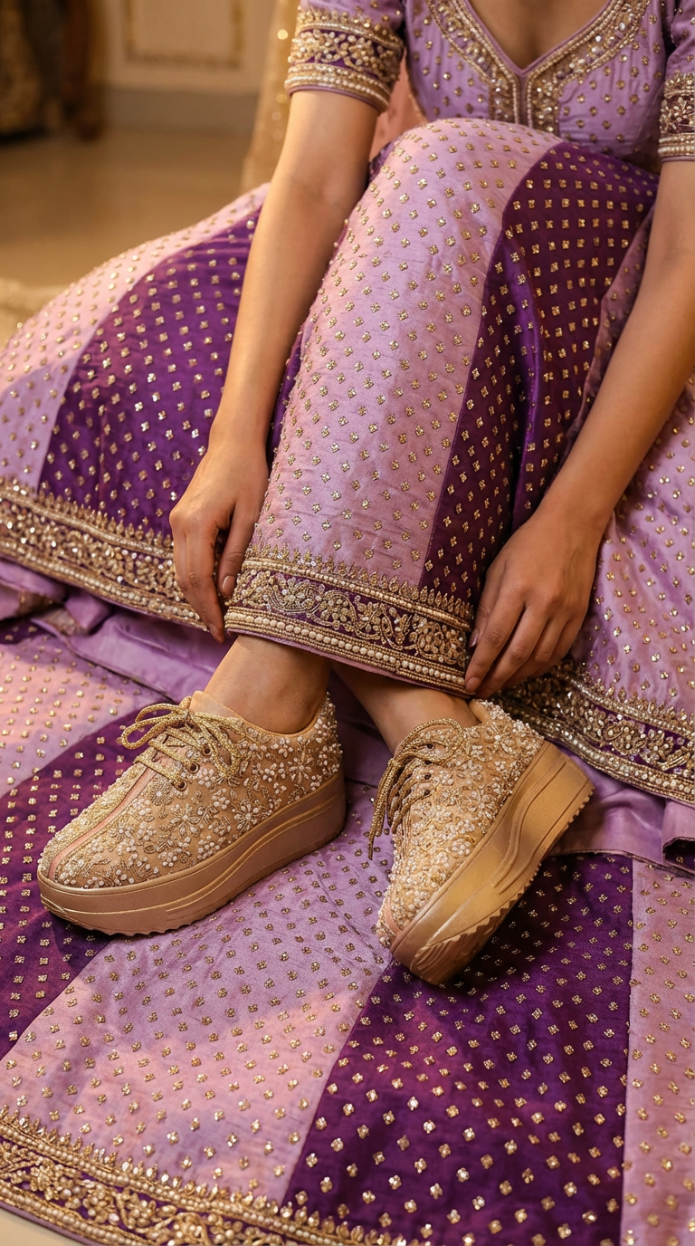 Firefly_Gemini Flash_i need a photo of this sneakers with a model wearing light and dark purple combinatio 925725