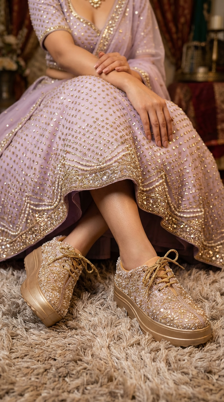 Firefly_Gemini Flash_i need a photo of this sneakers with a model wearing light purple with golden tiny di 487251 (1)