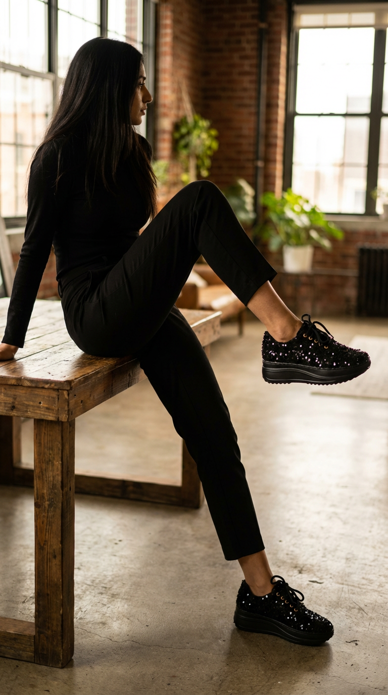 Firefly_Gemini Flash_i need a photo of this sneakers with a model wearing model wearing black outfit weari 664912