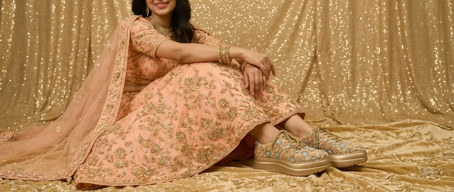 Firefly_Gemini Flash_i need a photo of this sneakers with a model wearing peach floral golden lehenga wear 84171