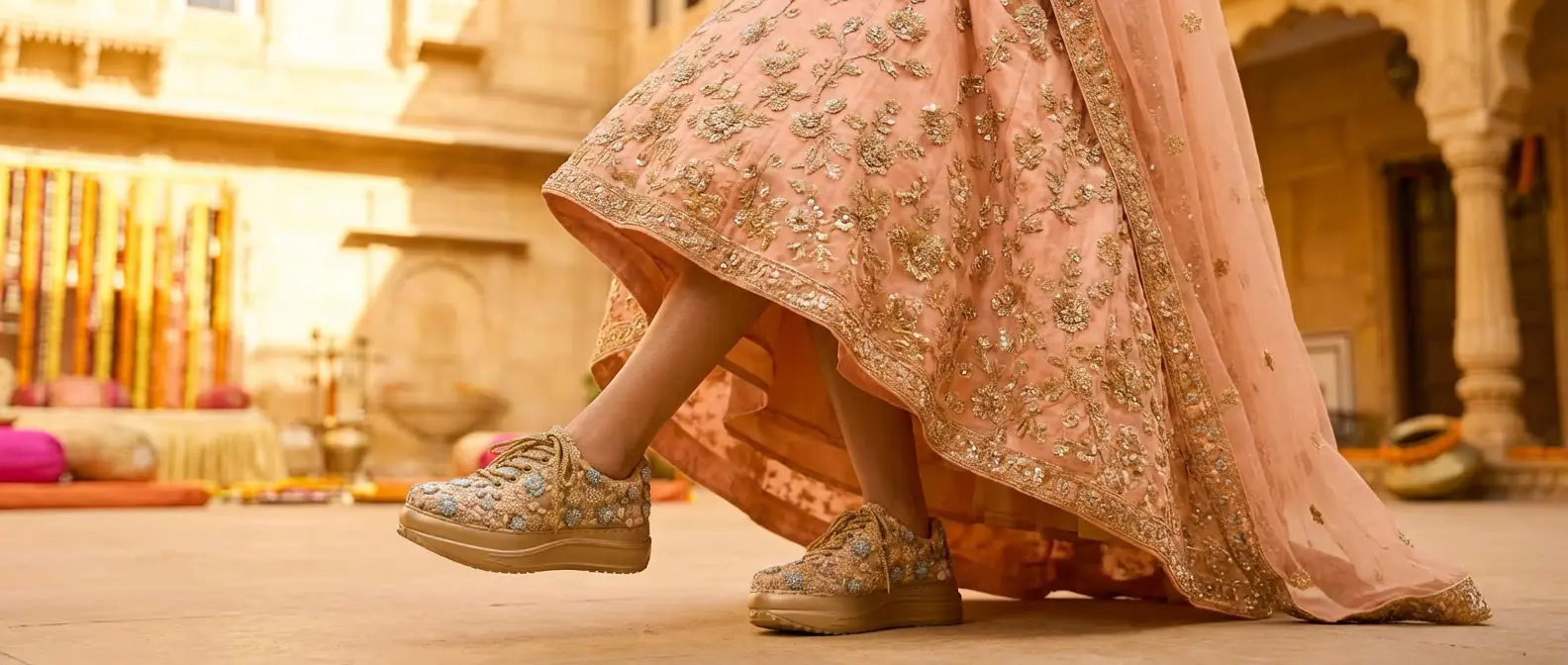 Firefly_Gemini Flash_i need a photo of this sneakers with a model wearing peach floral golden lehenga wear 862750