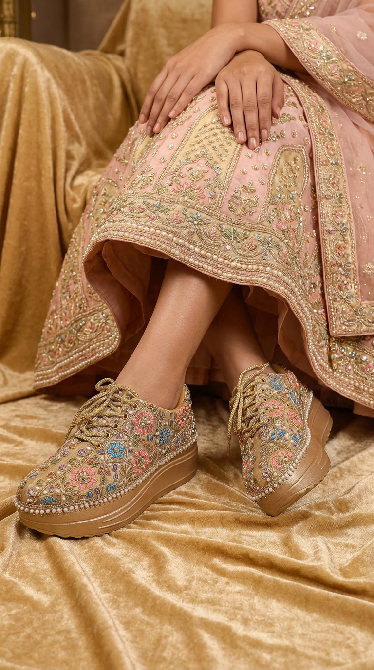 Firefly_Gemini Flash_i need a photo of this sneakers with a model wearing pink gold and pearl pastel lehen 632397