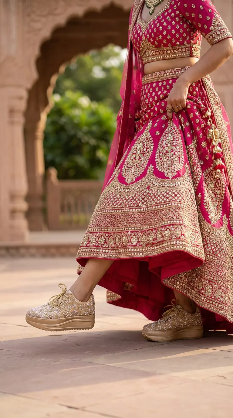 Firefly_Gemini Flash_i need a photo of this sneakers with a model wearing pink kundan work lehenga and wea 340602