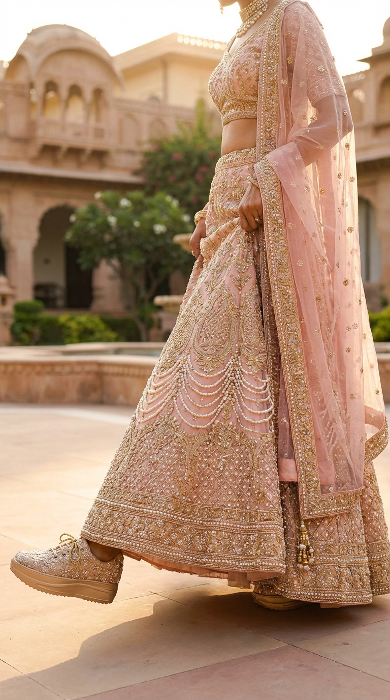 Firefly_Gemini Flash_i need a photo of this sneakers with a model wearing pink pearl gold and diamonds ful 48712