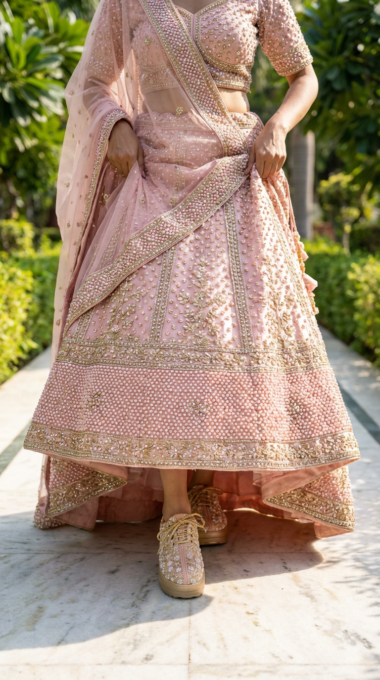 Firefly_Gemini Flash_i need a photo of this sneakers with a model wearing pink pearl gold and diamonds ful 904025