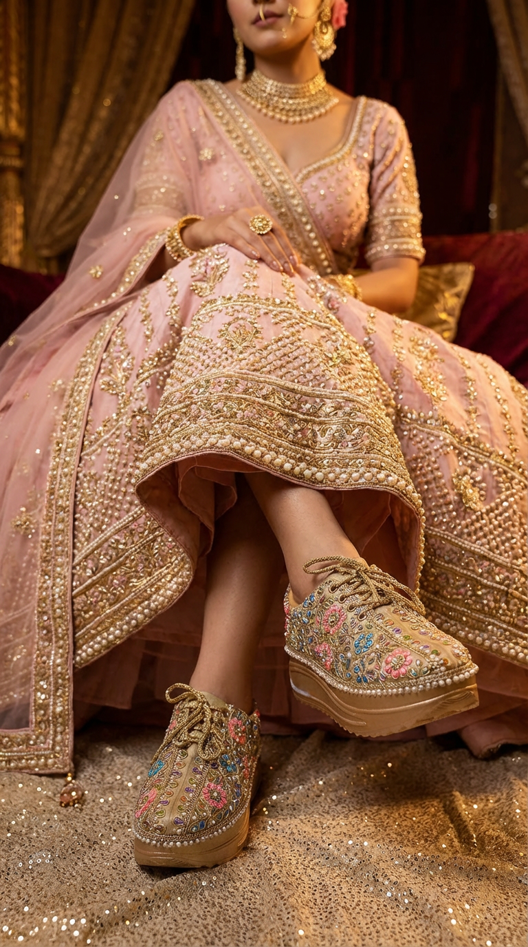 Firefly_Gemini Flash_i need a photo of this sneakers with a model wearing pink pearl gold full work pastel 892965 (1)