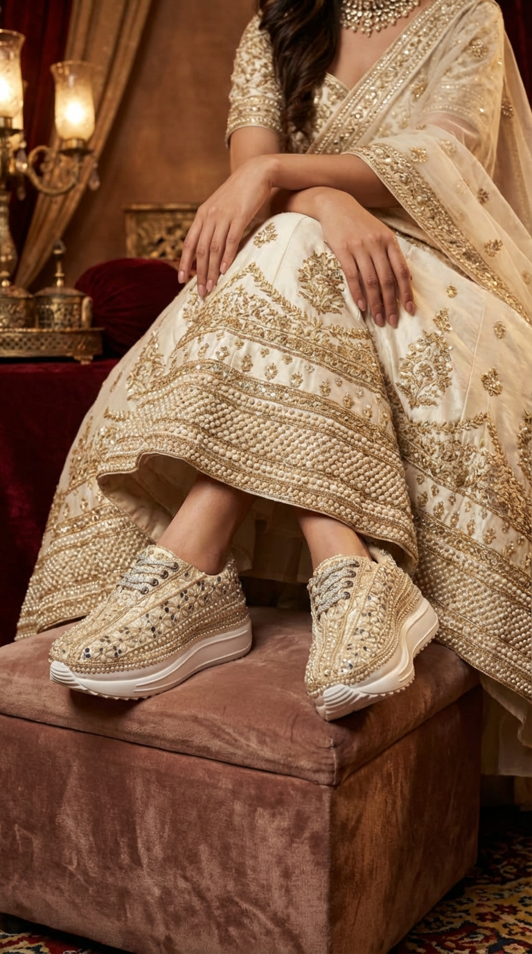 Firefly_Gemini Flash_i need a photo of this sneakers with a model wearing reception peral ivory gold lehen 323084 (1)