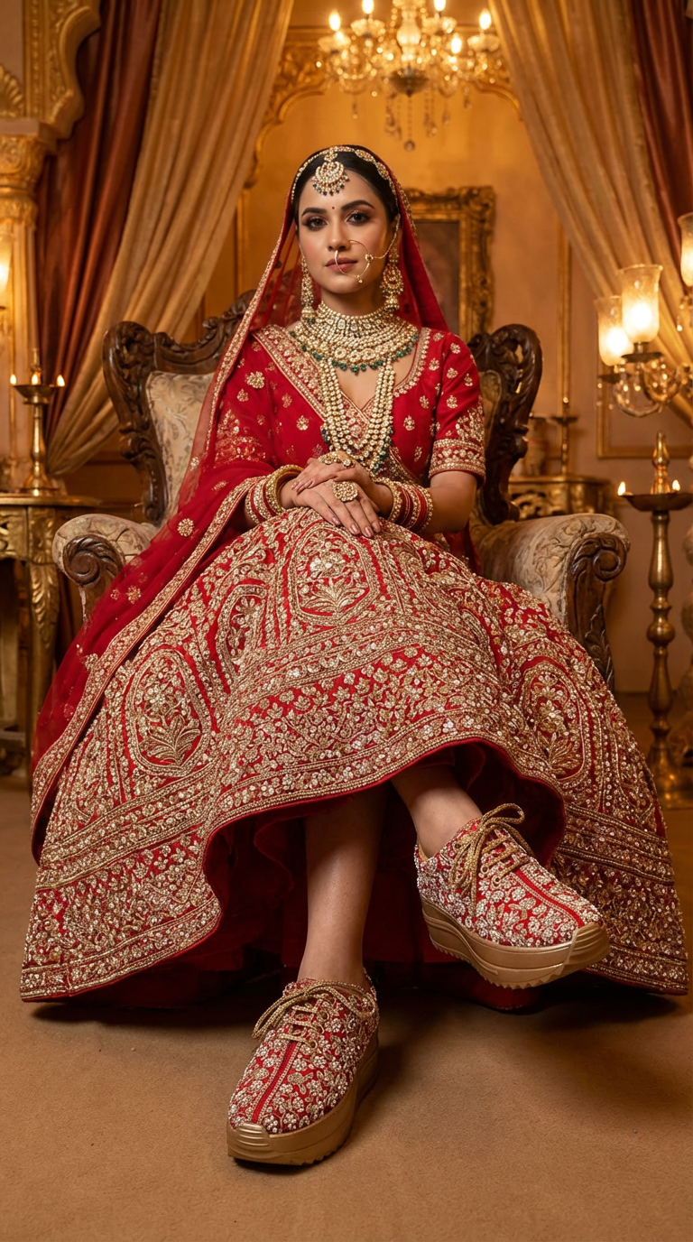 Firefly_Gemini Flash_i need a photo of this sneakers with a model wearing red kundan pearl and golden diam 158807