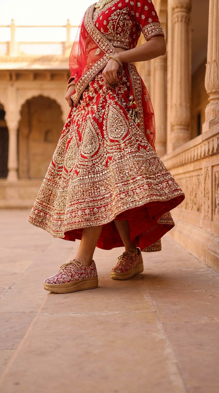 Firefly_Gemini Flash_i need a photo of this sneakers with a model wearing red kundan pearl and golden diam 969687 (1)