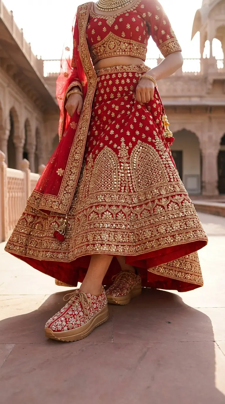 Firefly_Gemini Flash_i need a photo of this sneakers with a model wearing red kundan work lehenga and wear 157586