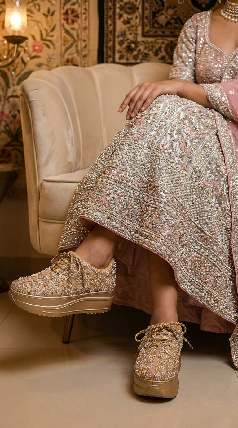 Firefly_Gemini Flash_i need a photo of this sneakers with a model wearing silver pink pearl full work lehe 719726