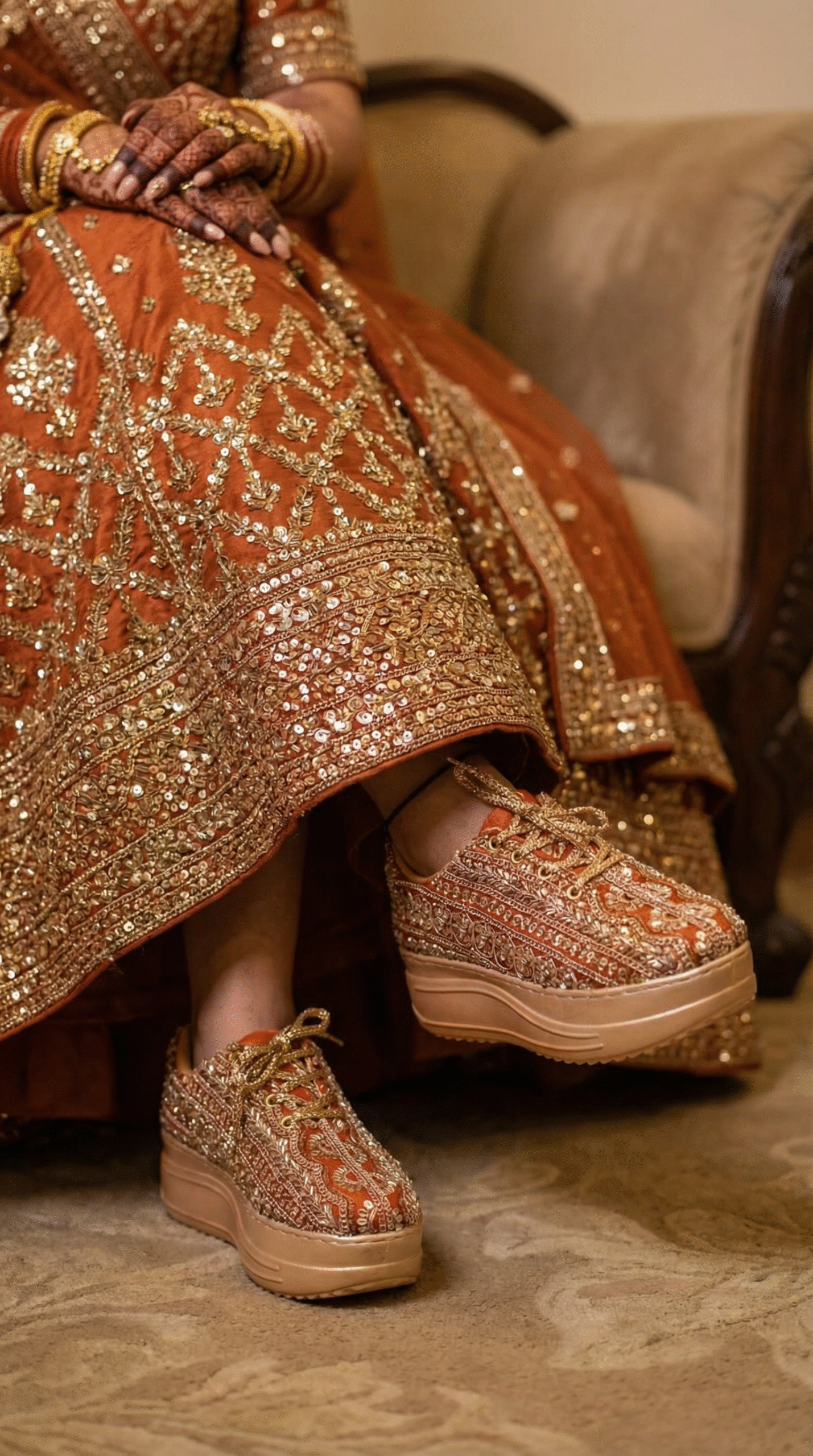 Firefly_Create an image in which a bride with wearing an burnt orange colour lehenga full of 781783