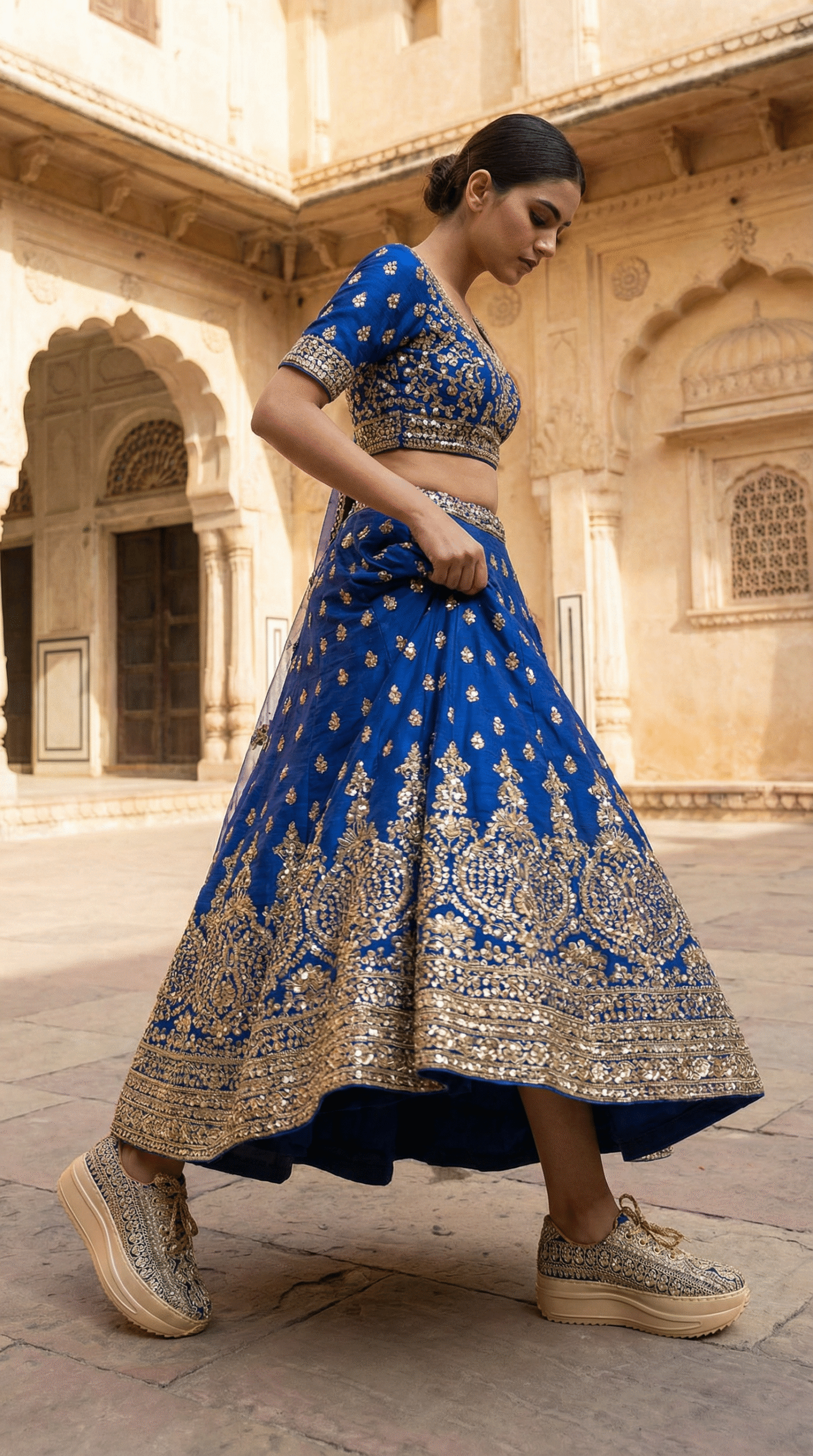 Firefly_Create an image in which an model is wearing an royal blue lehenga with golden sequen 727588 (1)