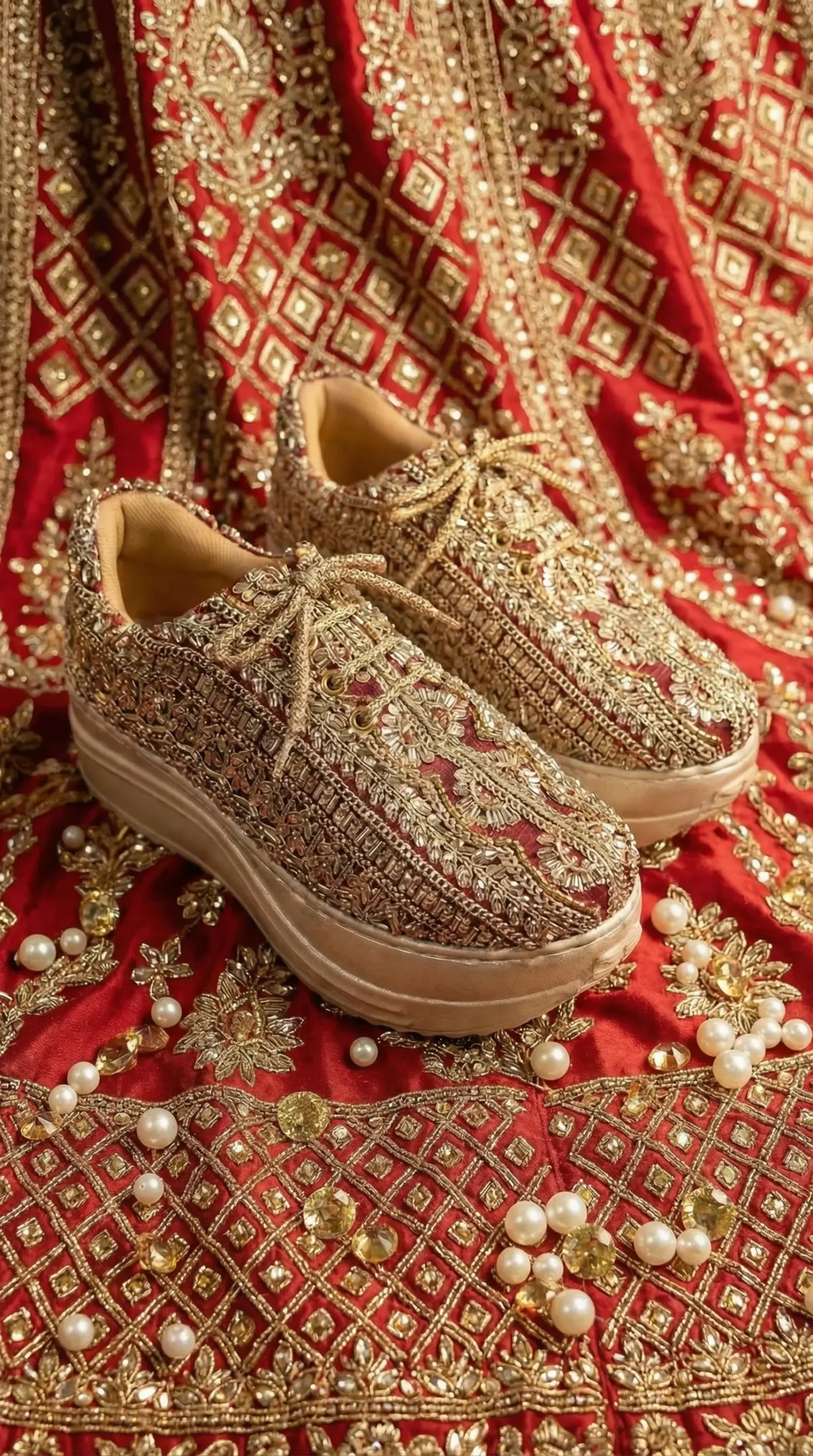 Firefly_Gemini Flash_Create an image for my website of the sneakers in the reference with Red lehenga back 453042