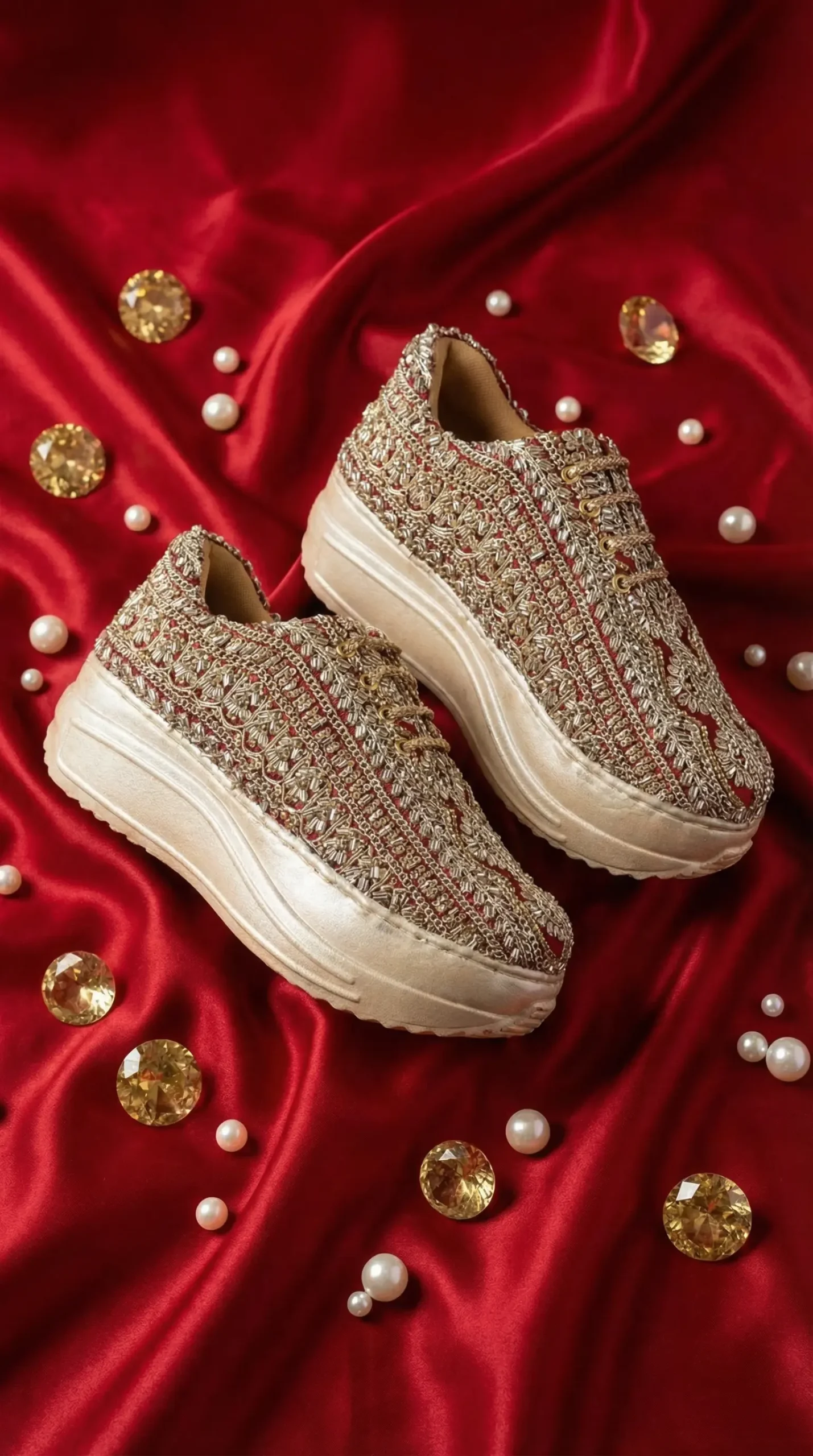 Firefly_Gemini Flash_Create an image for my website of the sneakers in the reference with Red satin backgo 359301