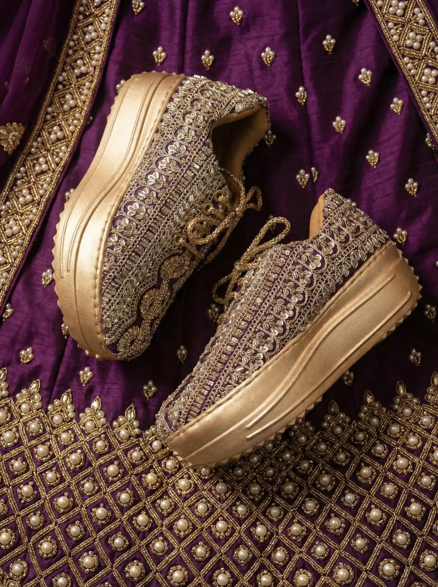 Firefly_Gemini Flash_Create an image for my website of the sneakers in the reference with purple lehenga b 325067