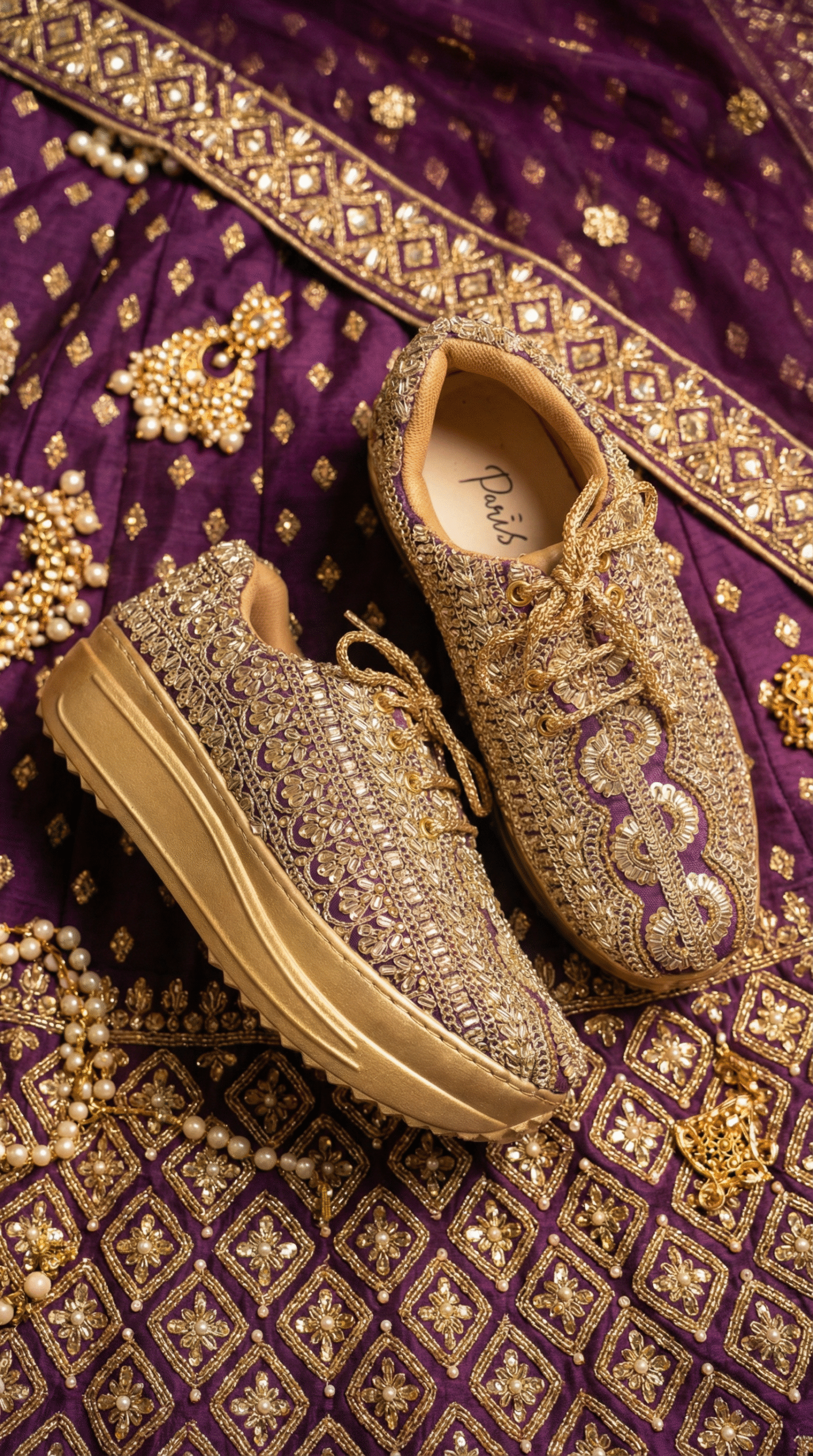 Firefly_Gemini Flash_Create an image for my website of the sneakers in the reference with purple lehenga b 367589