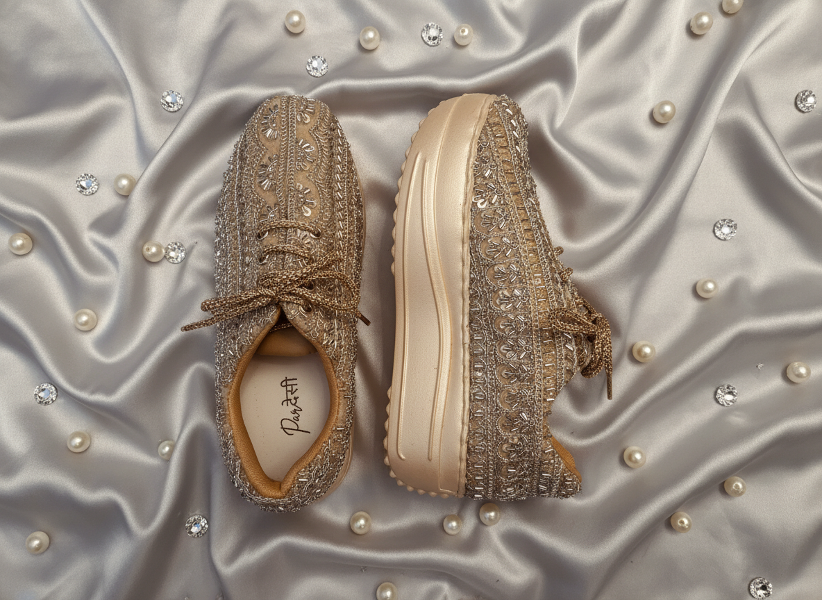 Firefly_Gemini Flash_Create an image for my website of the sneakers in the reference with sliver satin bac 971646