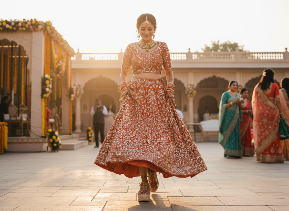 Firefly_Gemini Flash_Create an image in which a bride is wearing an burnt orange lehenga full of golen seq 678111 (2)