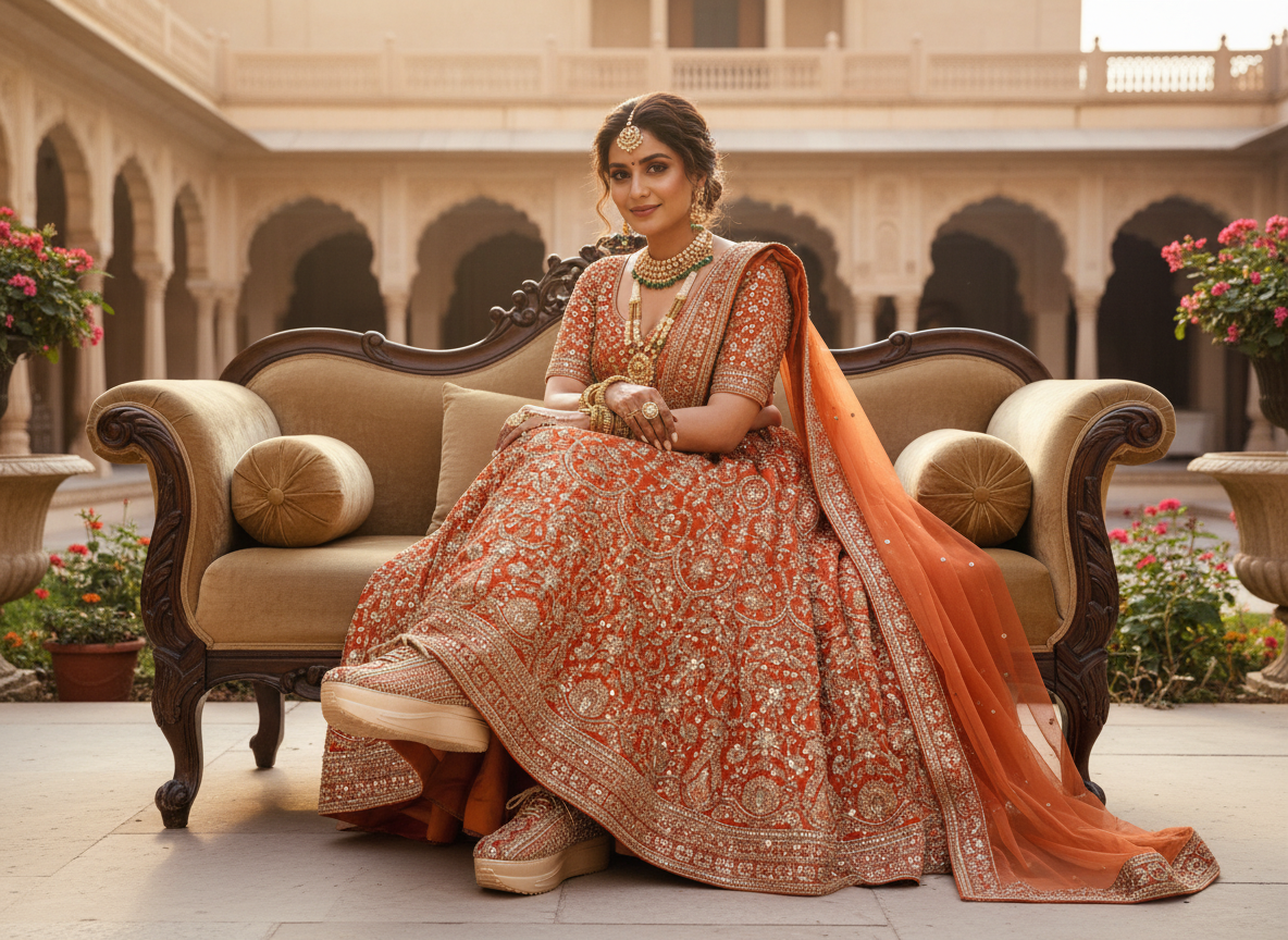 Firefly_Gemini Flash_Create an image in which a bride is wearing an burnt orange lehenga full of golen seq 678111 (4)
