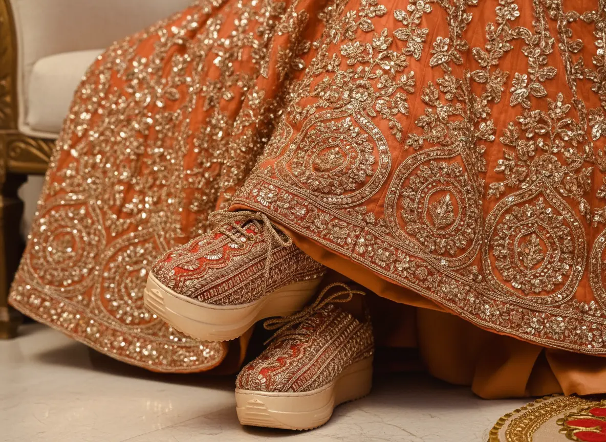 Firefly_Gemini Flash_Create an image in which a bride is wearing an burnt orange lehenga full of golen seq 678111 (7)
