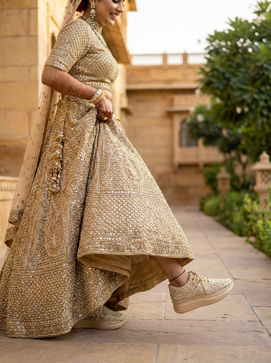 Firefly_Gemini Flash_Create an image in which a bride wearing Gold lehenga with zardosi gold work with ful 159398