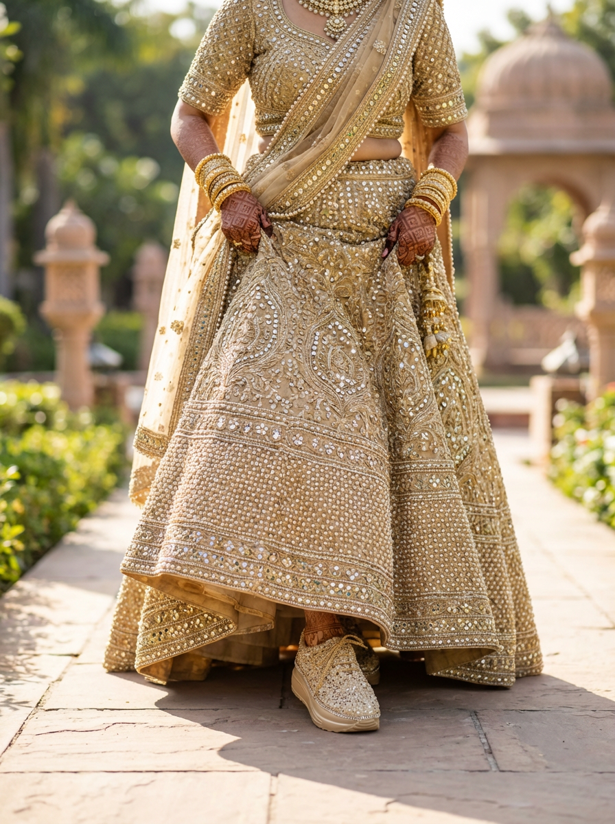 Firefly_Gemini Flash_Create an image in which a bride wearing Gold lehenga with zardosi gold work with ful 841118