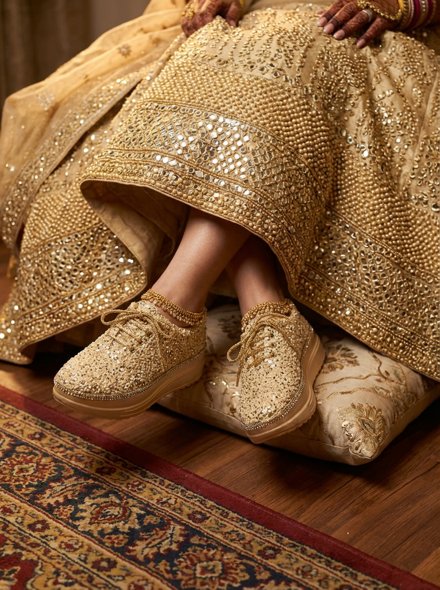 Firefly_Gemini Flash_Create an image in which a bride wearing golden with tiny golden pearl all over the l 755150