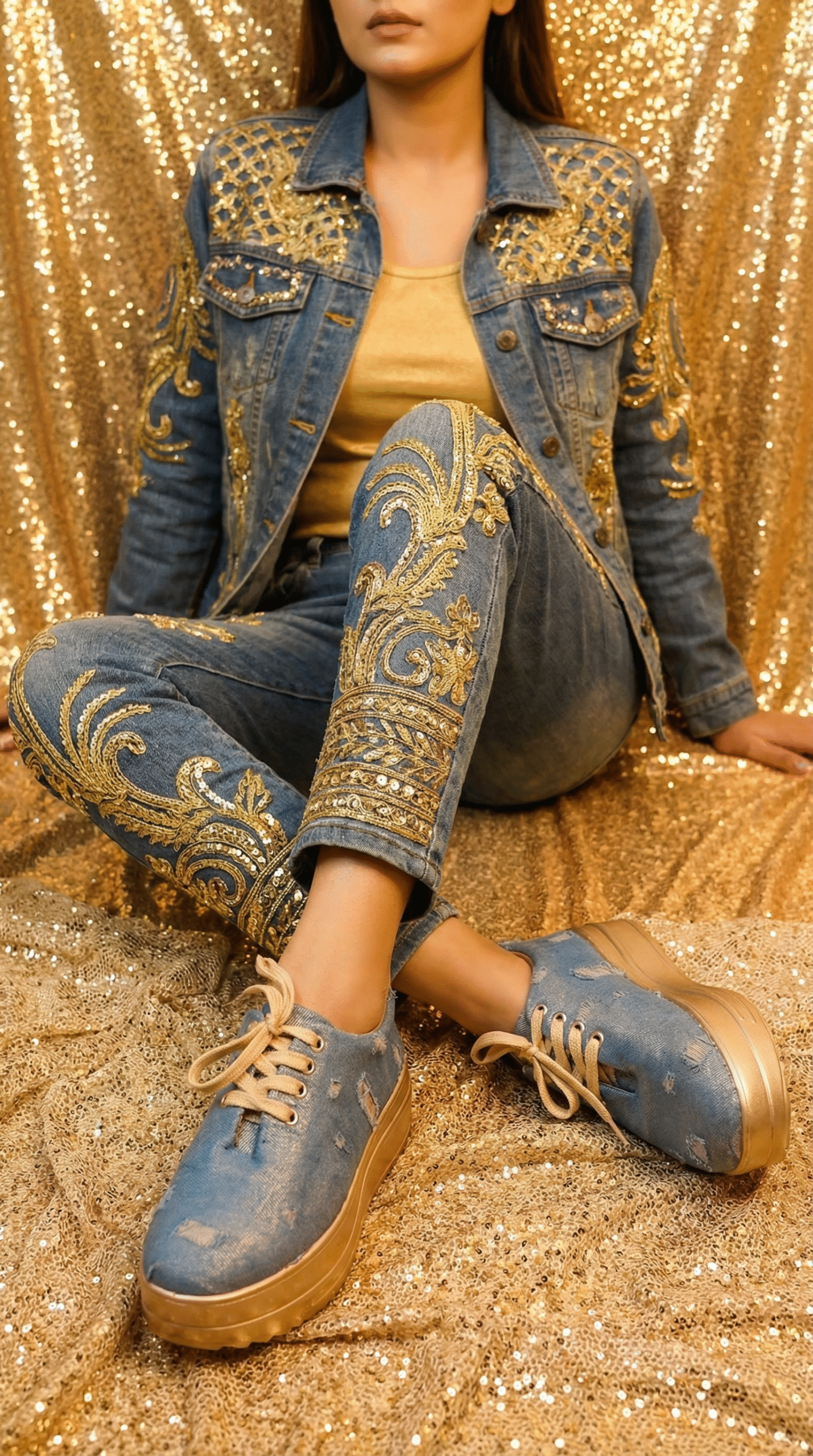 Firefly_Gemini Flash_Create an image in which a model is wearing denim with gold work and denims with snea 964725 (2)