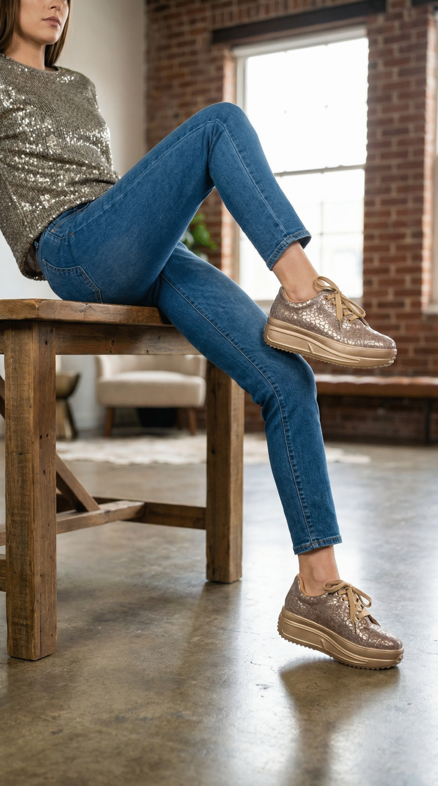 Firefly_Gemini Flash_Create an image in which a model is wearing nice golden grey top the jeans with sneak 606294