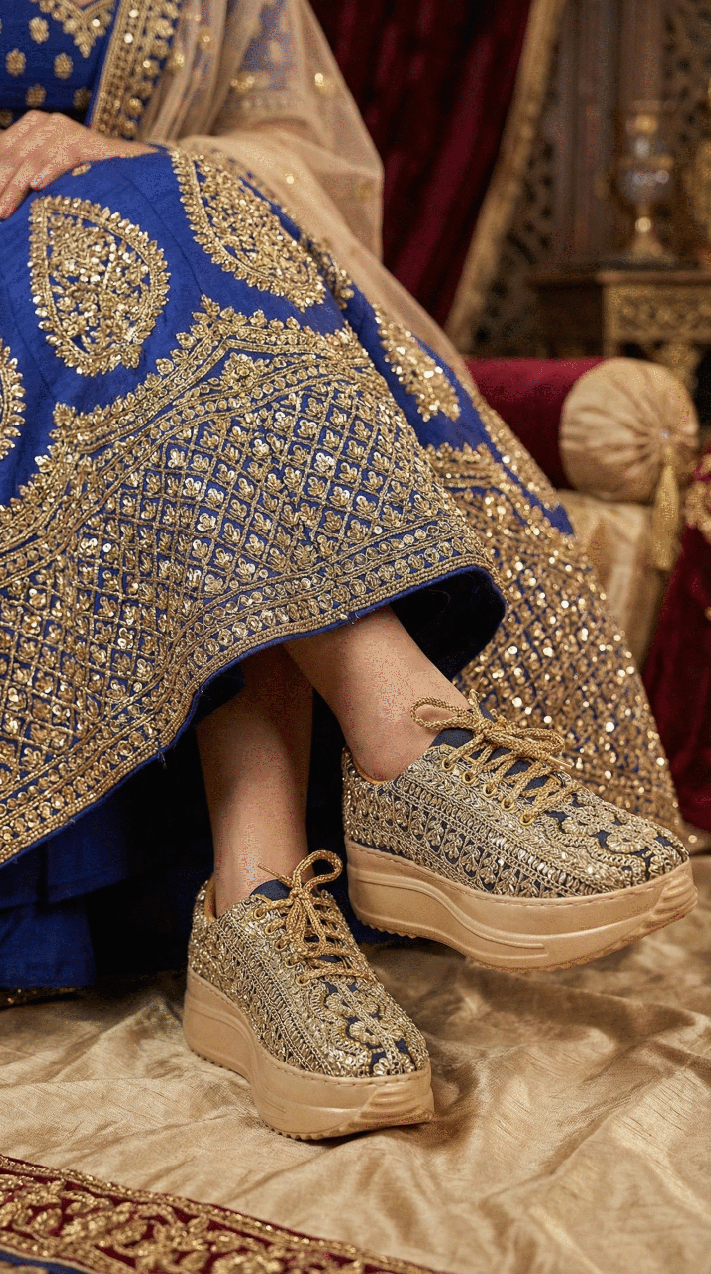 Firefly_Gemini Flash_Create an image in which an model is wearing an royal blue lehenga with golden sequen 569440