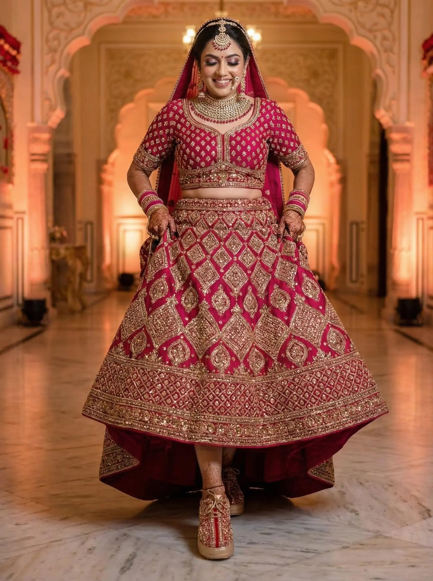 Firefly_Gemini Flash_Create an image in which the bride is wearing Dark Pink lehenga with full golden dia 121547