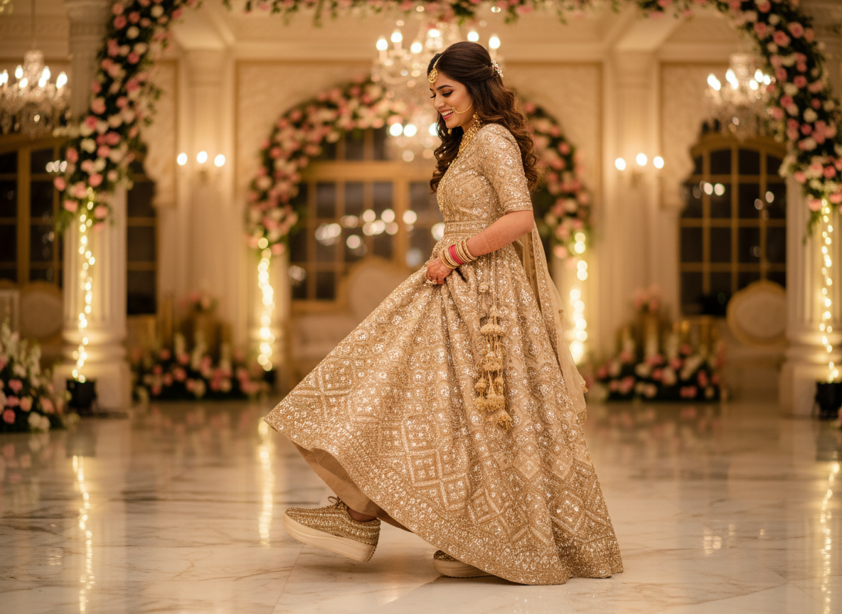 Firefly_Gemini Flash_Create an image in which the bride is wearing Gold lehenga with full golden diamond 335500