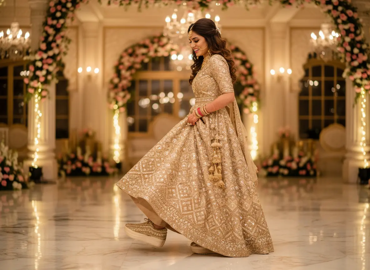 Firefly_Gemini Flash_Create an image in which the bride is wearing Gold lehenga with full golden diamond 335500
