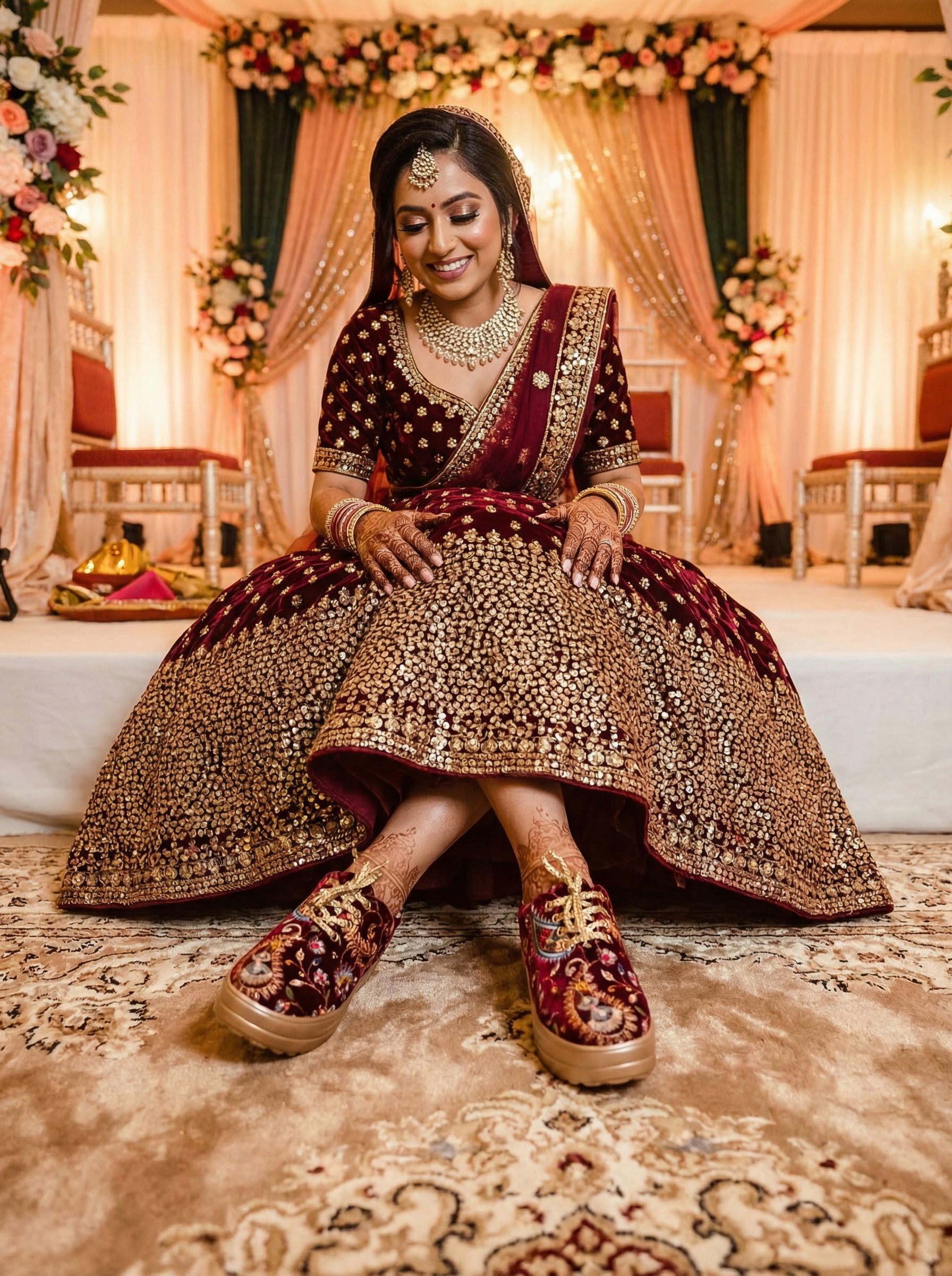 Firefly_Gemini Flash_Create an image in which the bride is wearing Mahroom velvel lehenga with full sequnc 540696
