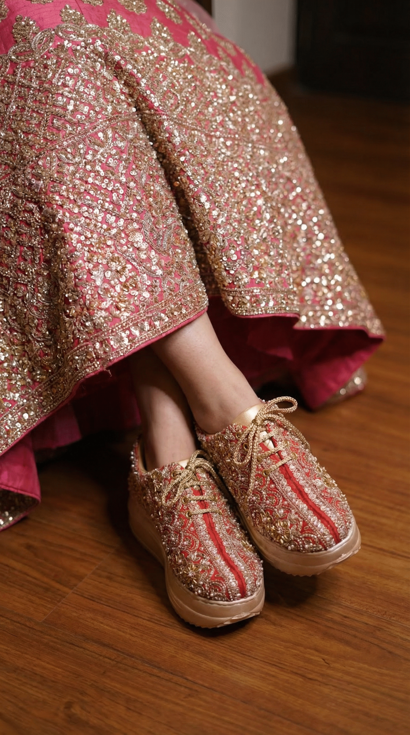 Firefly_Gemini Flash_Create an image in which the bride is wearing Pink lehenga with full sequnce work on 726065