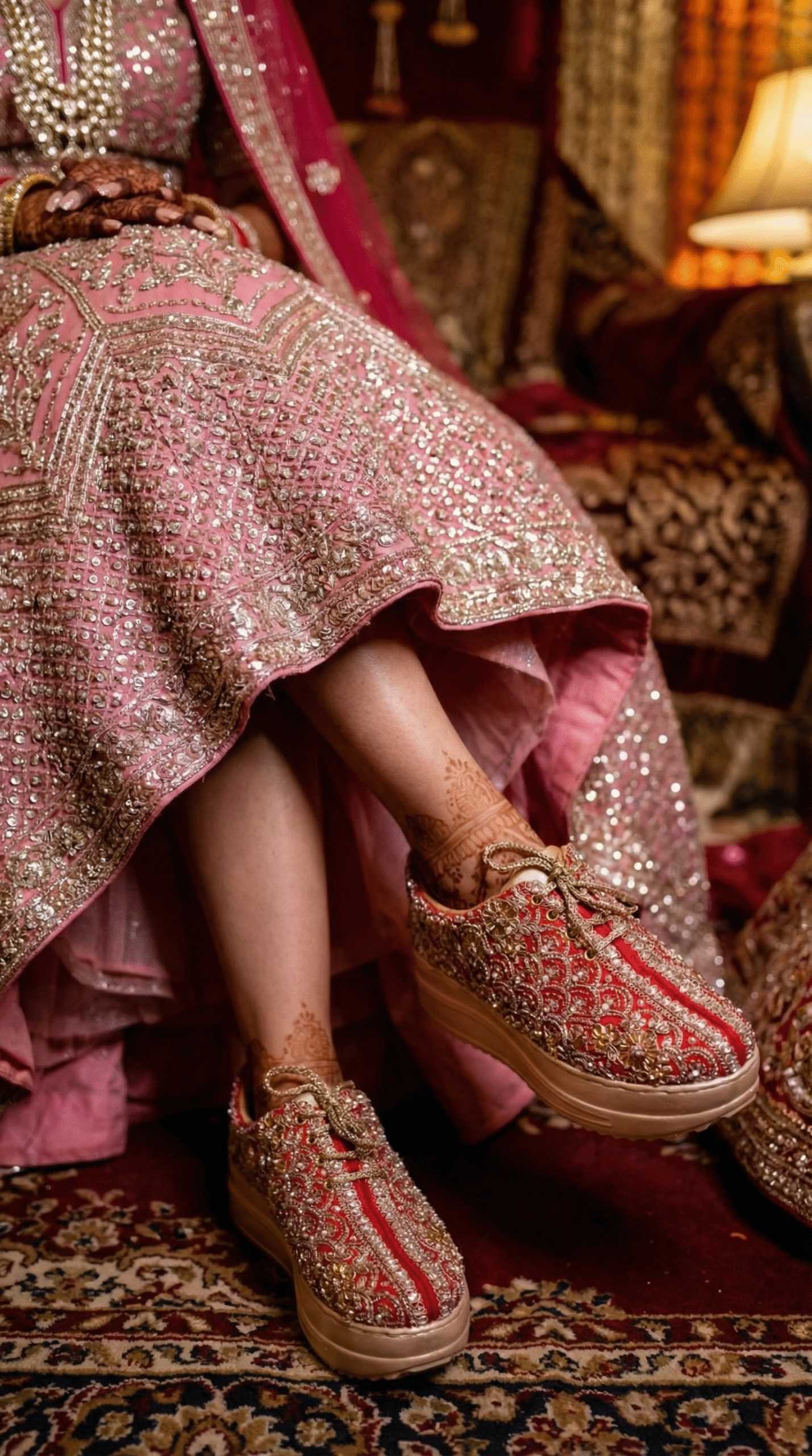 Firefly_Gemini Flash_Create an image in which the bride is wearing Pink lehenga with full sequnce work on 981268