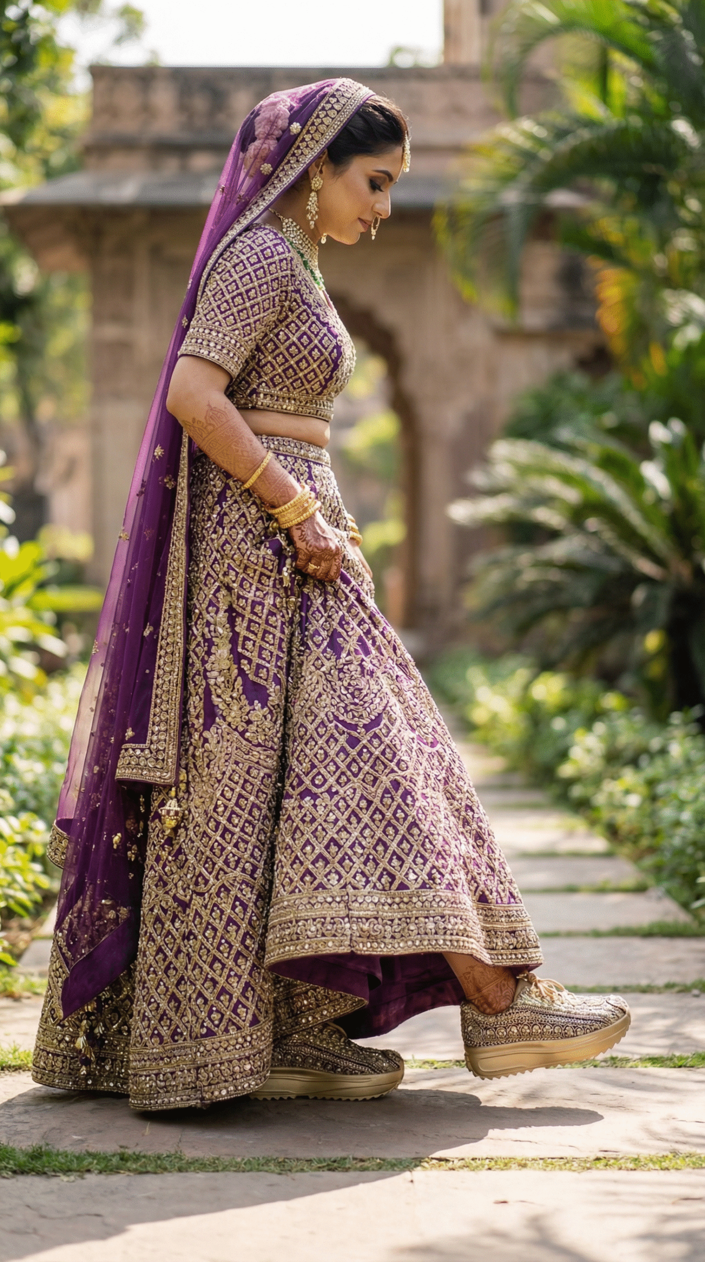 Firefly_Gemini Flash_Create an image in which the bride is wearing Purple lehenga with full golden diamon 277424