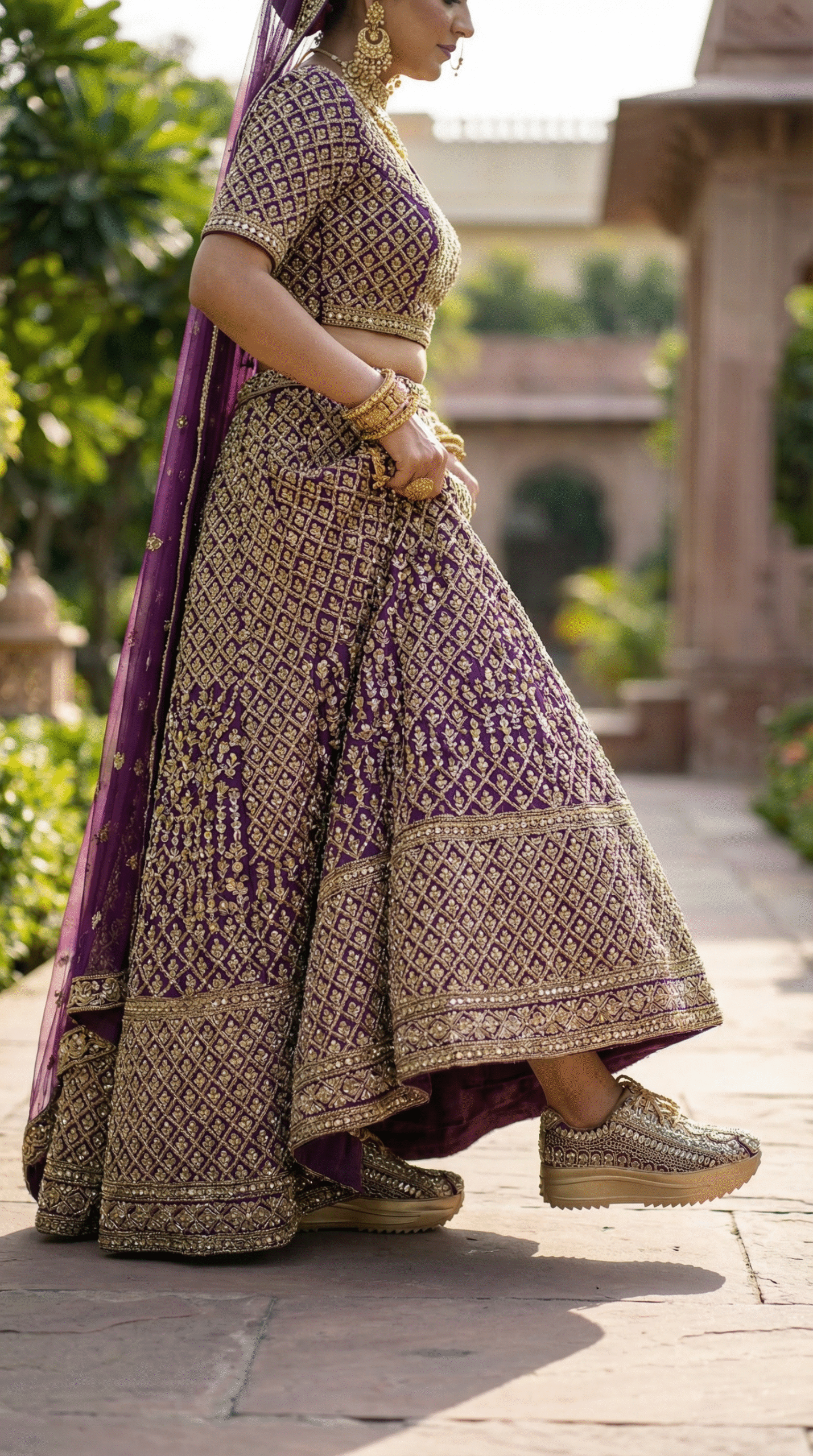 Firefly_Gemini Flash_Create an image in which the bride is wearing Purple lehenga with full golden diamon 667660