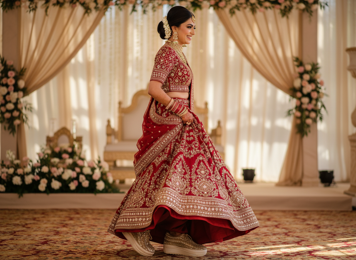 Firefly_Gemini Flash_Create an image in which the bride is wearing Red lehenga with full golden diamond a 335500 (1)