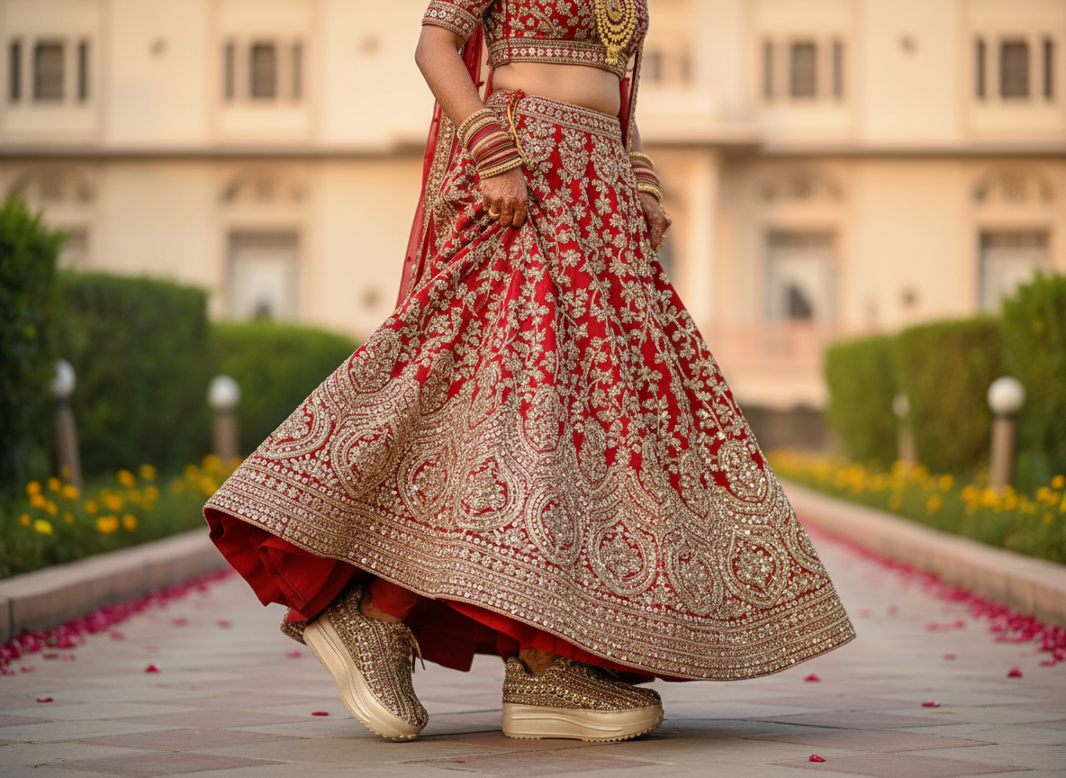 Firefly_Gemini Flash_Create an image in which the bride is wearing Red lehenga with full golden diamond a 630209