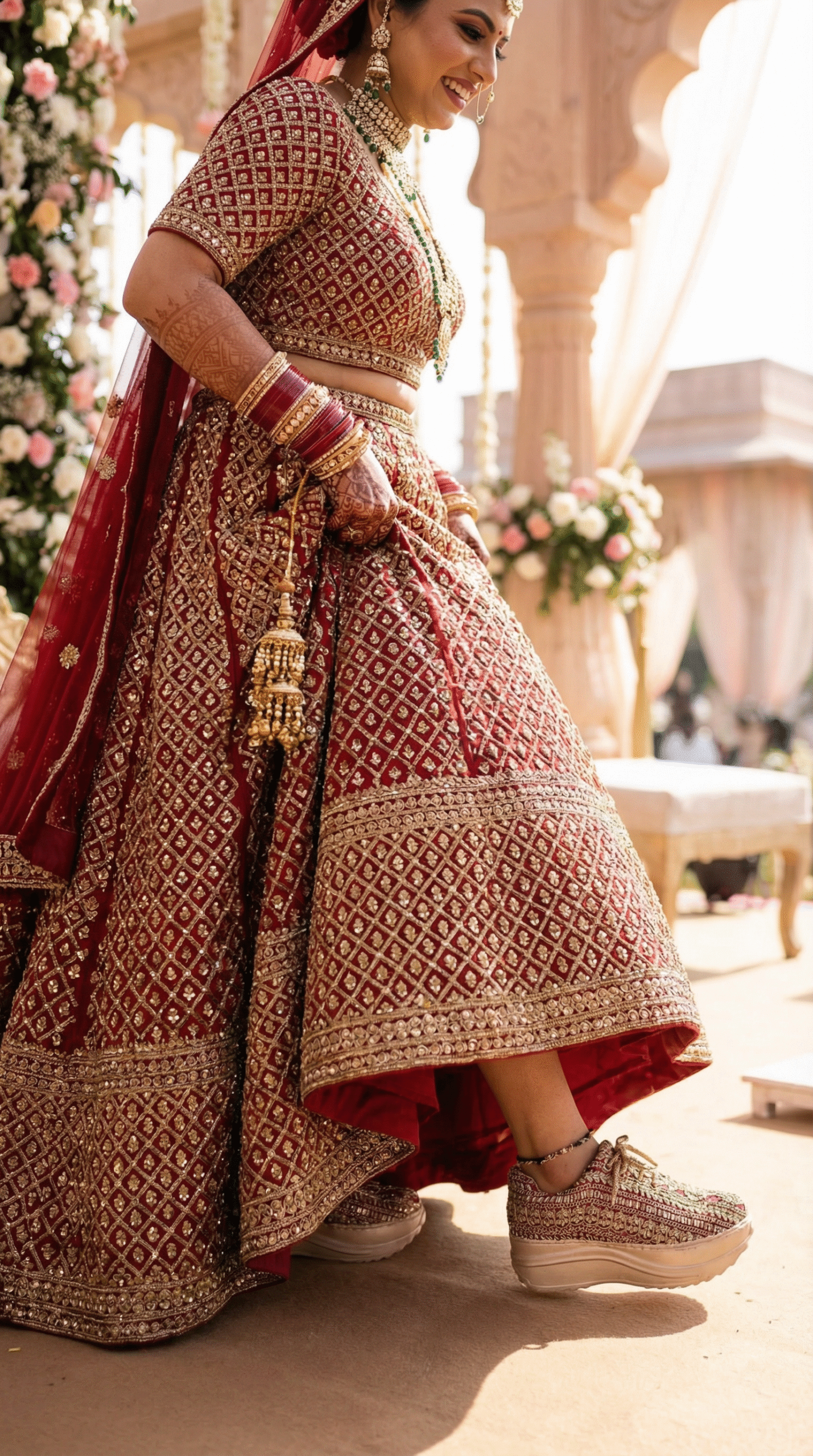 Firefly_Gemini Flash_Create an image in which the bride is wearing Red lehenga with full golden diamond a 938442
