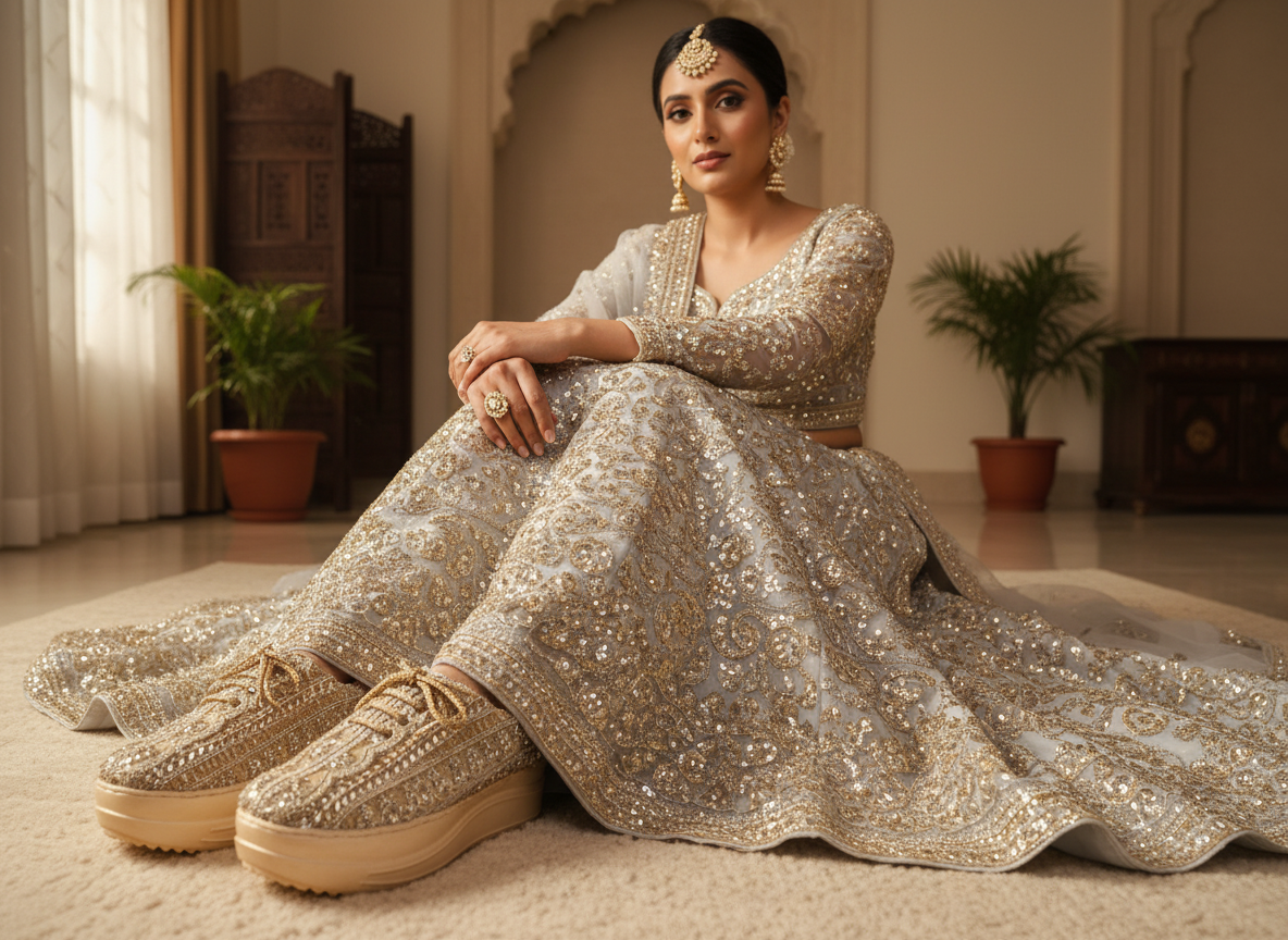 Firefly_Gemini Flash_Create an image in which the bride is wearing Sliver lehenga with full gold sequnce w 971646 (3)