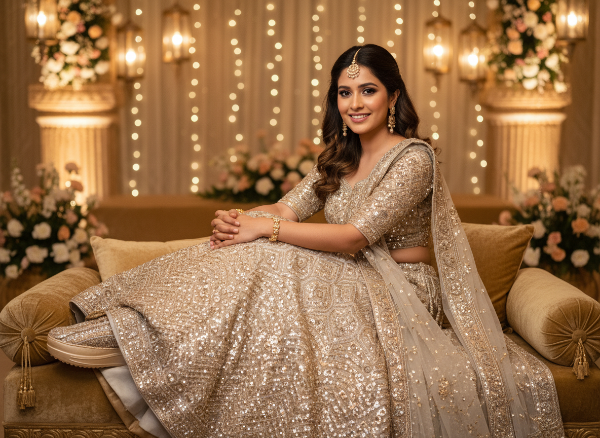Firefly_Gemini Flash_Create an image in which the bride is wearing Sliver lehenga with full gold sequnce w 971646
