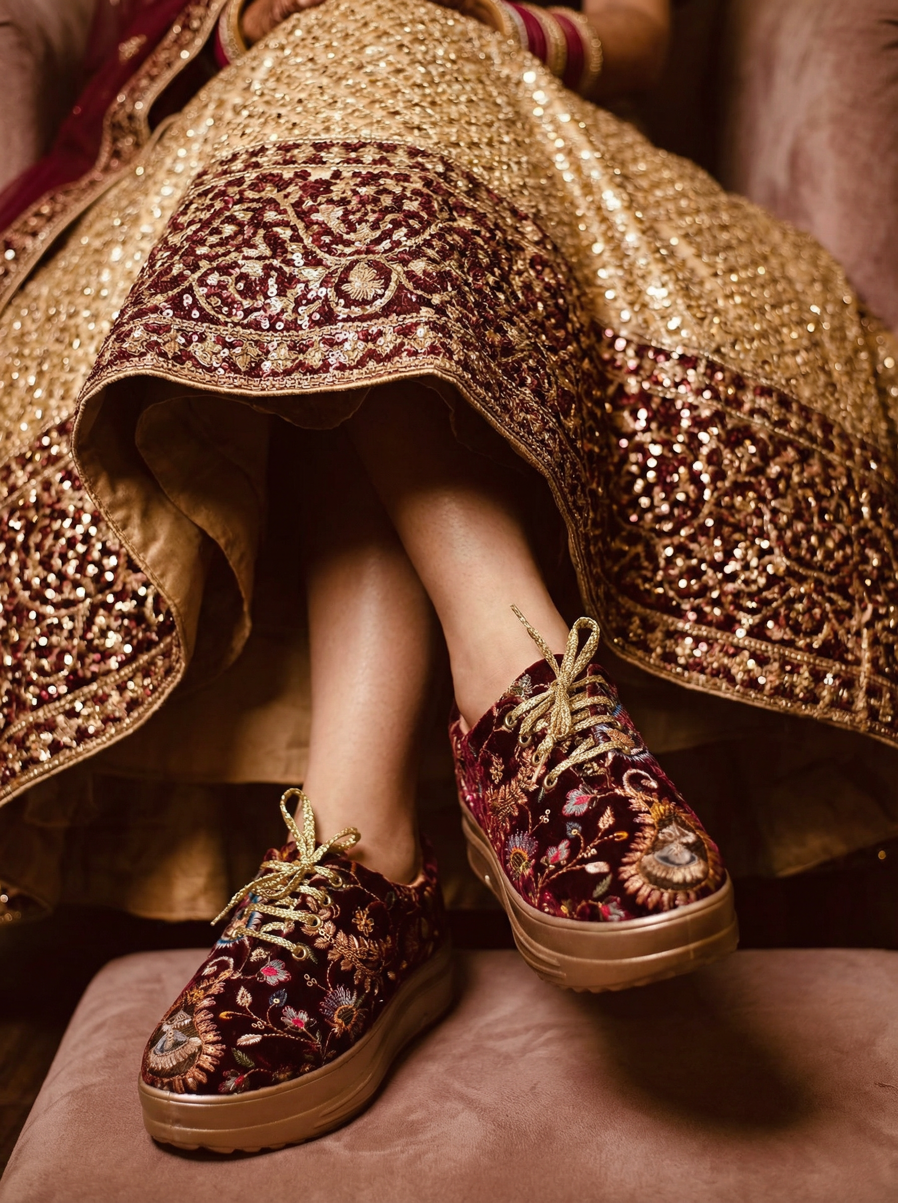 Firefly_Gemini Flash_Create an image in which the bride is wearing golden lehenga with full mahroon sequnc 717303