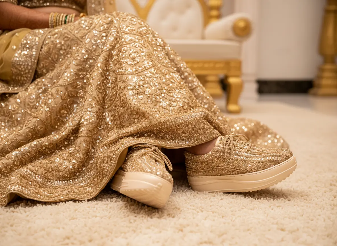 Firefly_Gemini Flash_Create an image in which the bride is wearing golden lehenga with full sequnce work o 335500 (1)