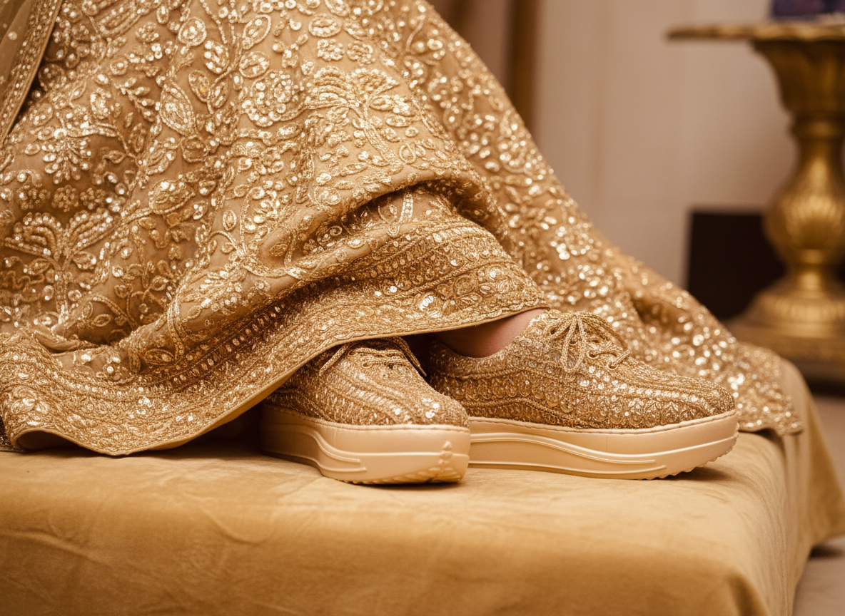 Firefly_Gemini Flash_Create an image in which the bride is wearing golden lehenga with full sequnce work o 335500 (2)