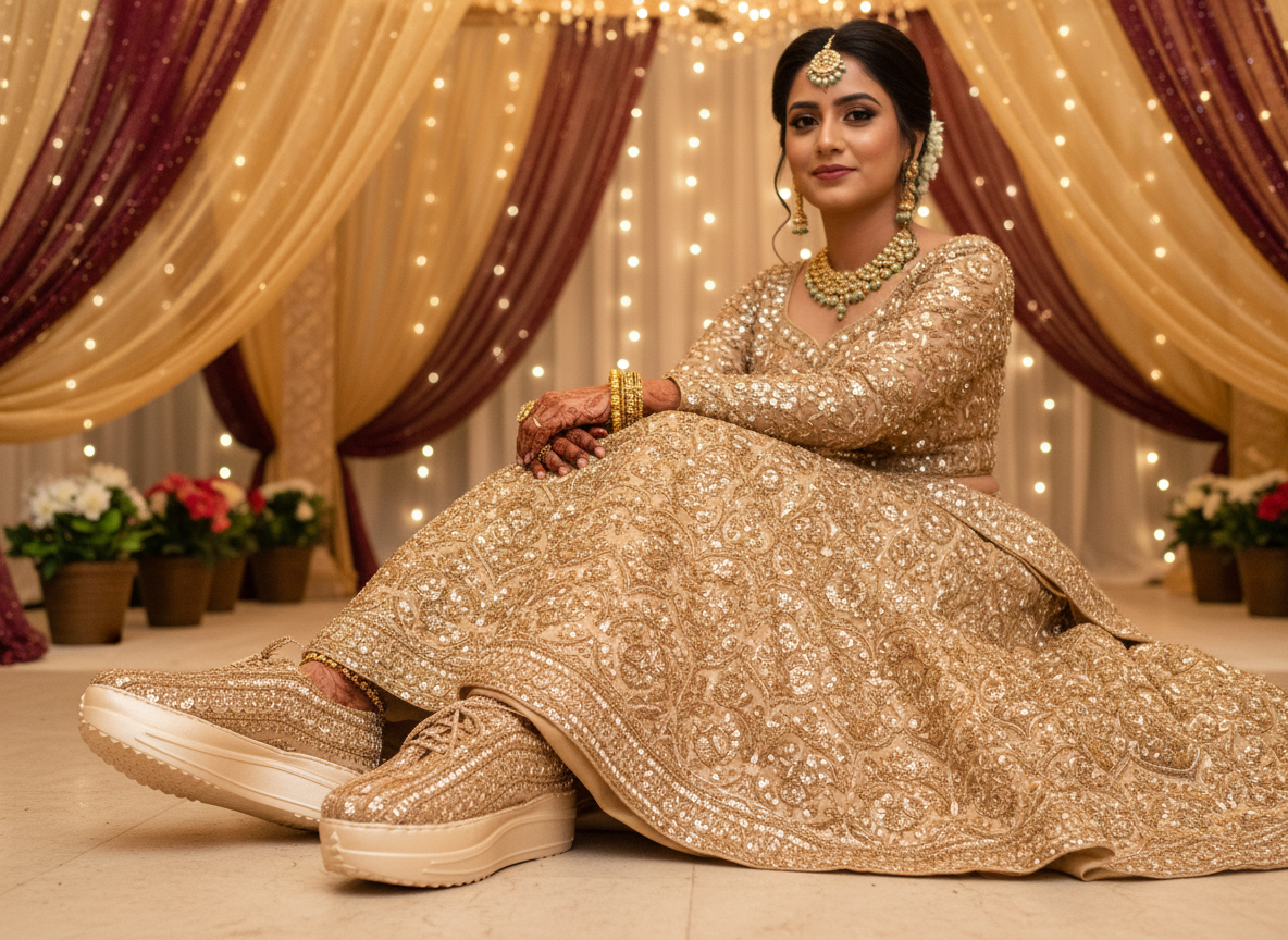 Firefly_Gemini Flash_Create an image in which the bride is wearing golden lehenga with full sequnce work o 335500 (3)