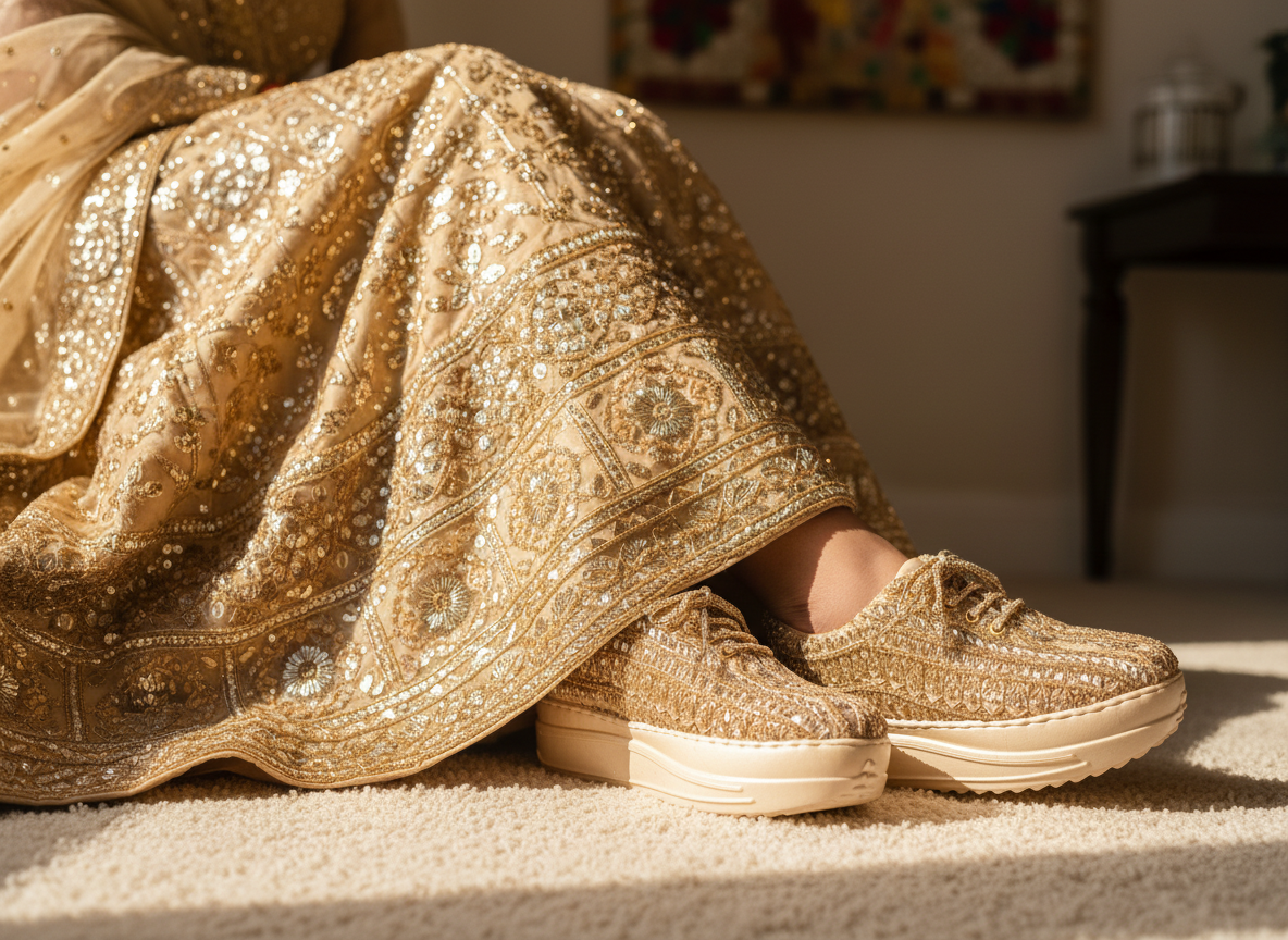 Firefly_Gemini Flash_Create an image in which the bride is wearing golden lehenga with full sequnce work o 335500 (4)